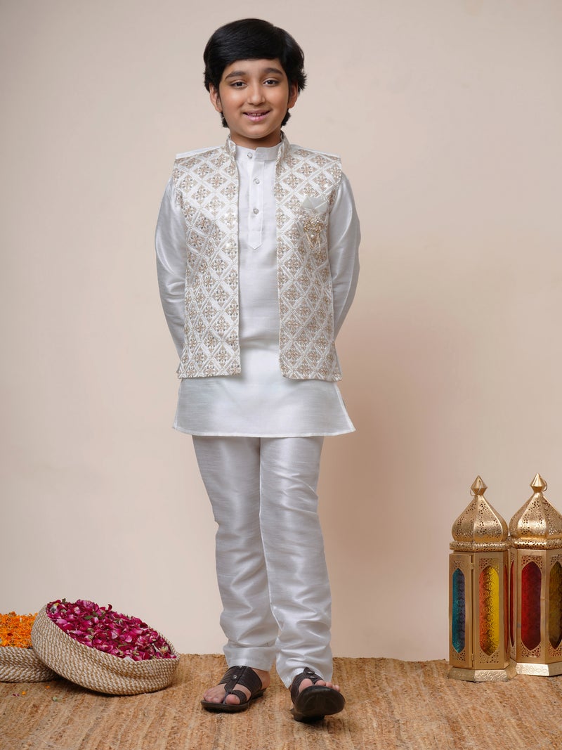 Boys Off White Cotton Silk Kurta Pyjama Set
